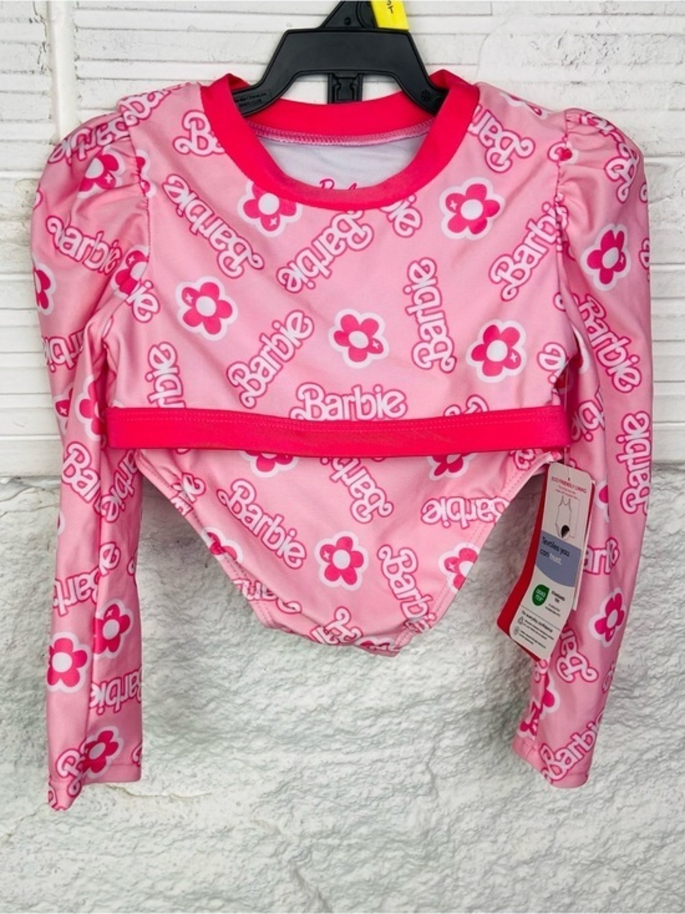 NWT Barbie Pink Floral Logo Long-Sleeve upf 50+ bikini size 3T